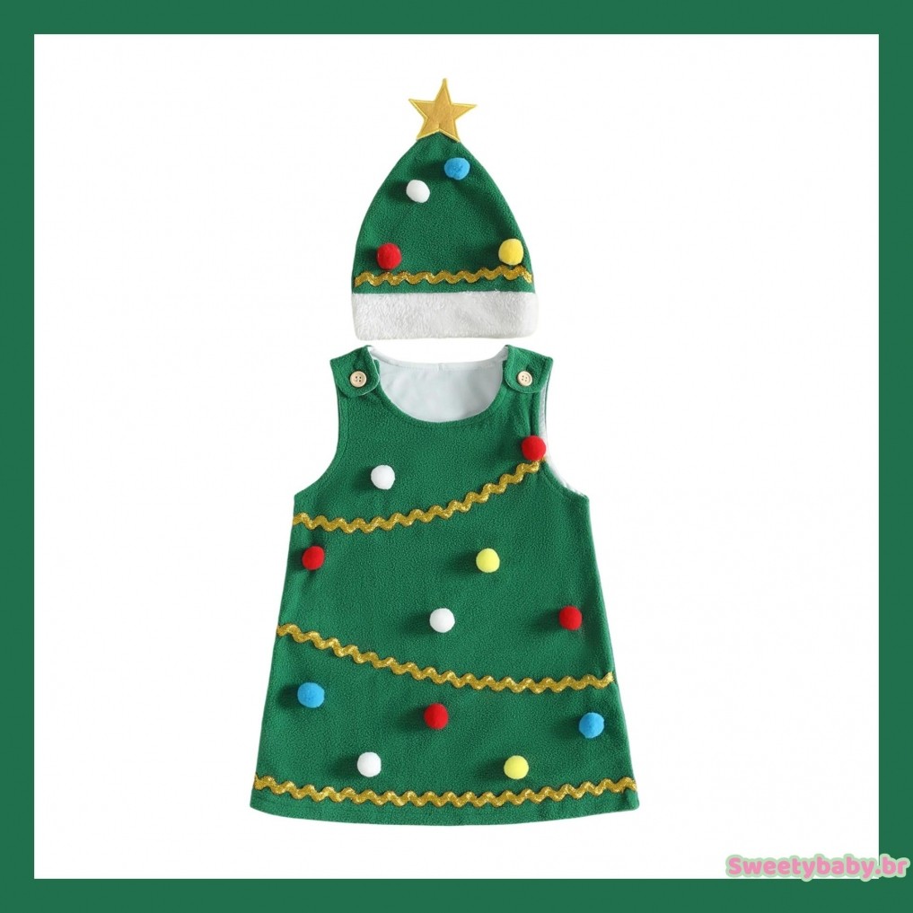 [CoRn] Vestido Infantil Feminino Sem Mangas Árvore De Natal Evasê Com Conjunto De Chapéu De Papai Noel