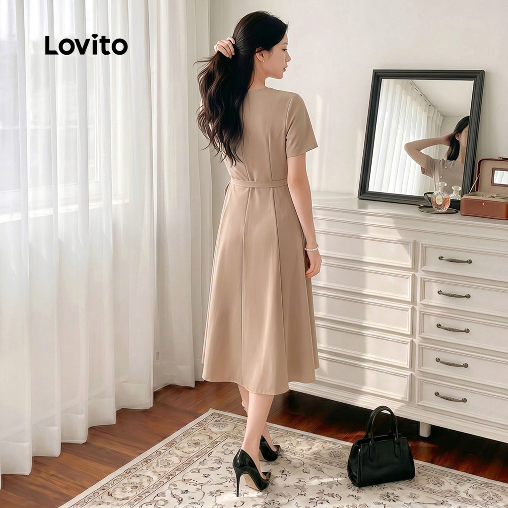 (Elegante) Lovito Vestido com para Trabalho Primavera/verão Cor Cáqui para mulheres Bordado L177ED1071