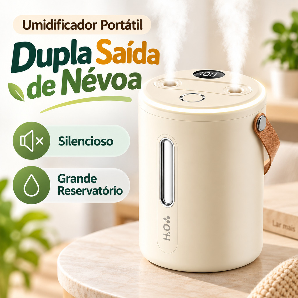 Umidificador de Ar Ultrassônico Portátil Sem Fio Dupla Saída de Névoa Bateria Recarregável Silencioso com Luz LED