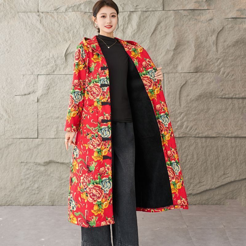Northeastern style new thickened fleece coat with buttoned design, ethnic print, long vintage hooded trench coat, plus s