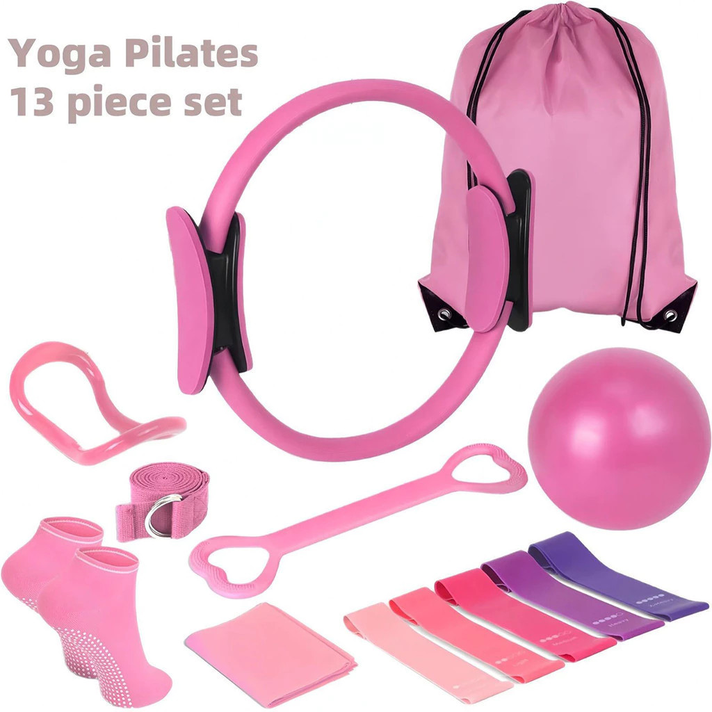 Kit Yoga Pilates 5 e 13 Itens treino Funcional Anel Pilates Acessórios para Alongamento Faixa Elástica