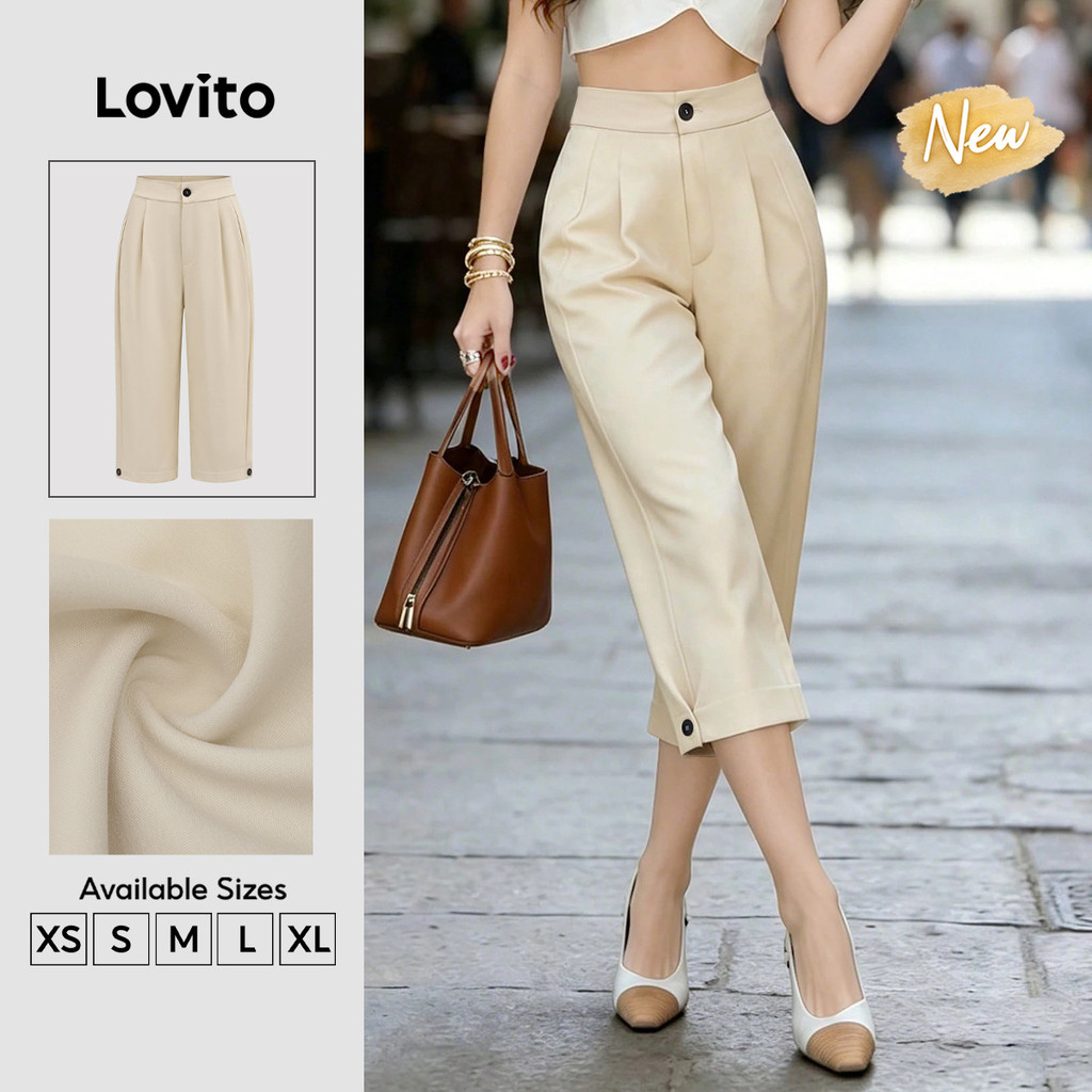 (New Arrival) Lovito Shorts Cáqui Femininos Elegantes De Cor Lisa Com Pernas Retas Pregas E Botões Para Trabalho Primavera/verão STB204P1D312