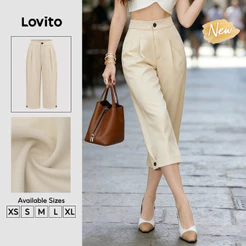 (New Arrival) Lovito Shorts Cáqui Femininos Elegantes De Cor Lisa Com Pernas Retas Pregas E Botões Para Trabalho Primavera/verão STB204P1D312