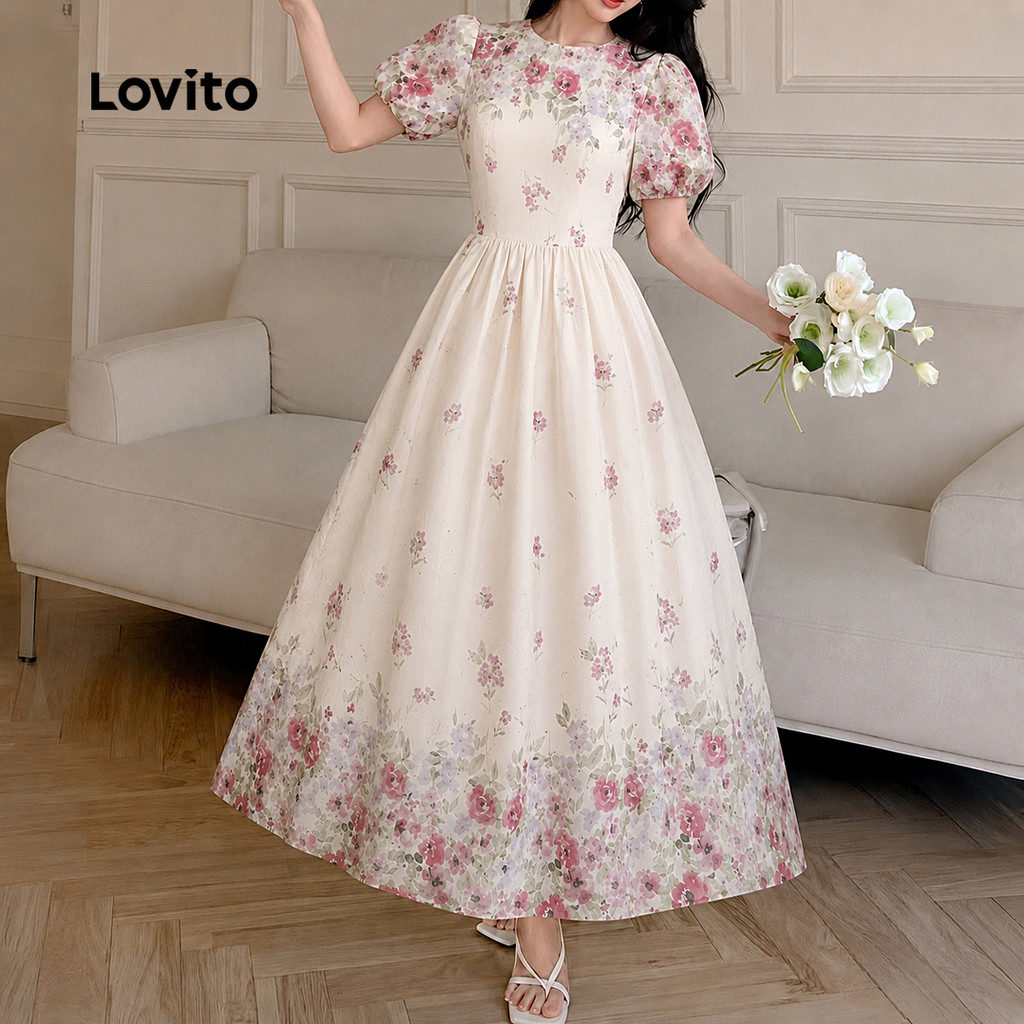 Lovito Vestido Elegante com Drapido Estampa Da Primavera/verão Branco para Mulheres DRK9P1D155 · foto 2