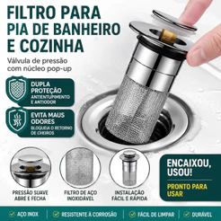 Válvula Click Ralo Cuba Pia Lavatório Banheiro Inox Universal Antientupimento Antiodor Para Lavabo Acabamento Premium
