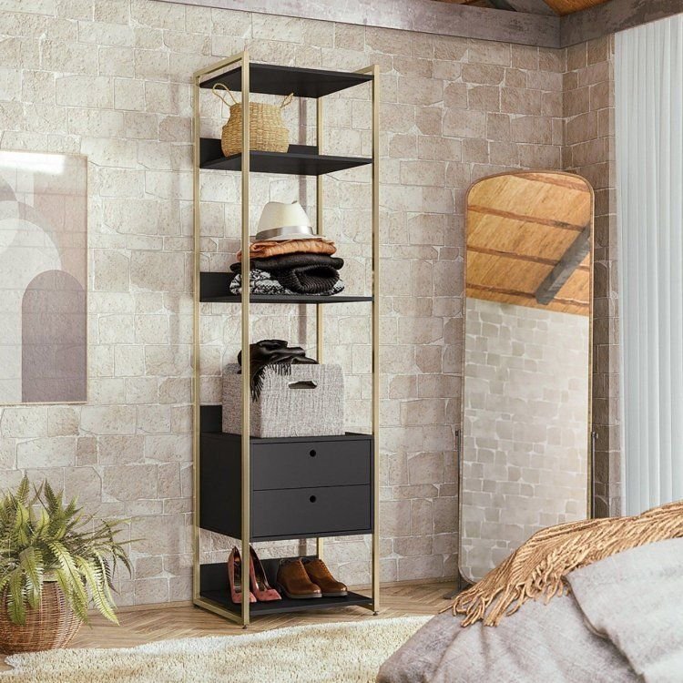 Estante Closet Industrial com 2 Gav e 5 Prat Estrutura Metálica Móvel Moderno e Funcional Preto