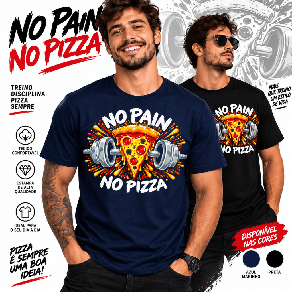 Camiseta Masculina Feminina No Pain No Pizza Academia Fitness Musculação Pizza Treino Estampada Preta Azul Marinho