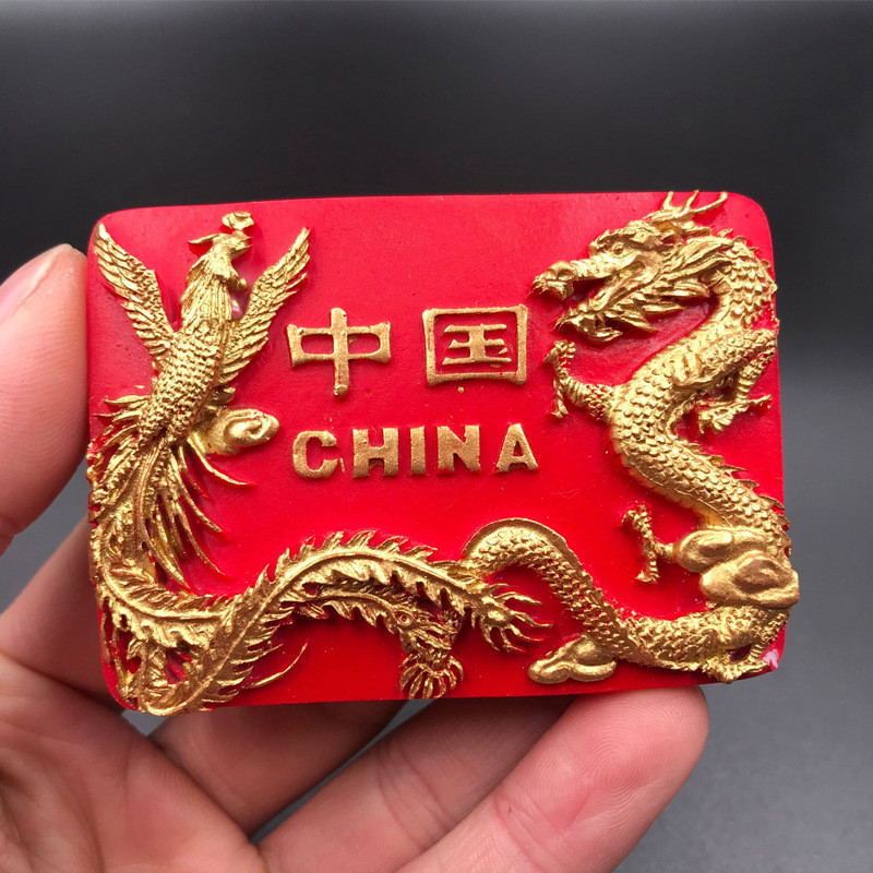 Ímã de geladeira característica chinesa dragão duplo jogando bola dragão Phoenix Chengxiang chinês vermelho magnético ím