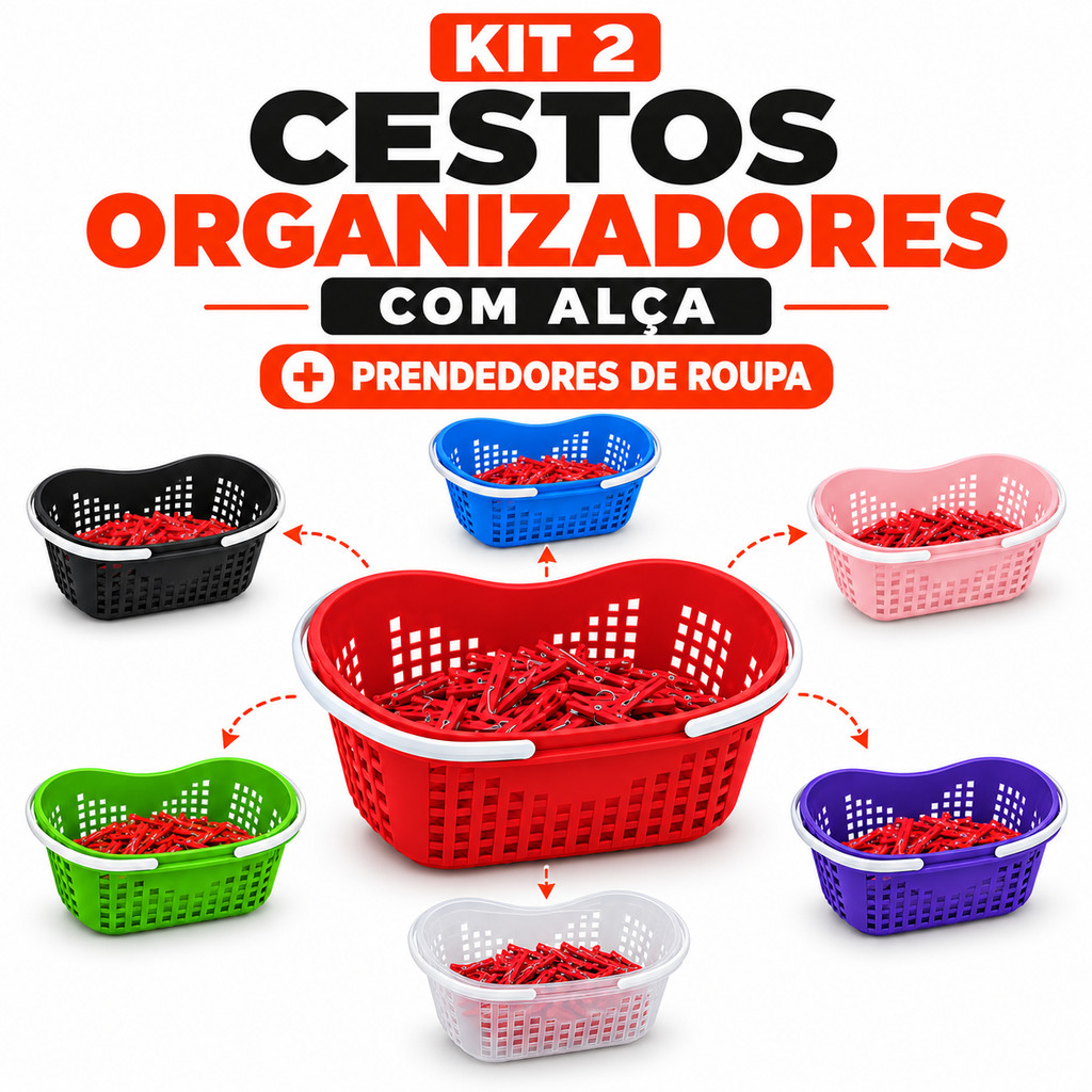 Cesto Médio Alça Plástico Reforçado Multiuso Prendedores Lavanderia Organização Escritório Resistente