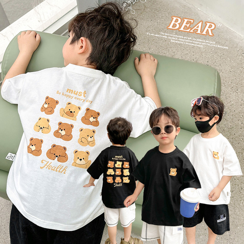 Crianças roupas infantis verão meninos versão coreana urso impressão de manga curta camiseta crianças casuais topos médi