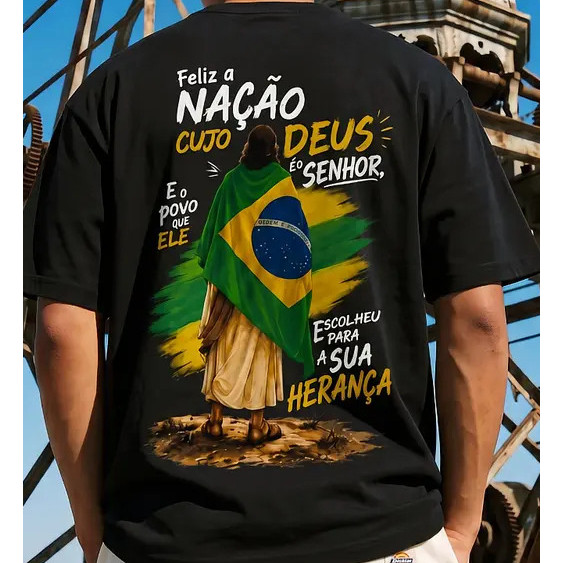 Camiseta Gospel Jesus Brasil Pátria 100% Algodão Estampa Grande Profissional Versículo Patriota Unissex Oversize