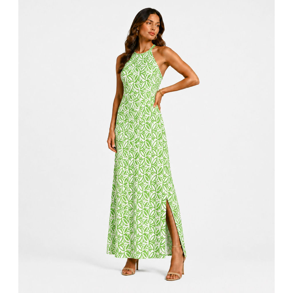 Vestido Longo Estampado Sem Manga Infinita Cor Verde