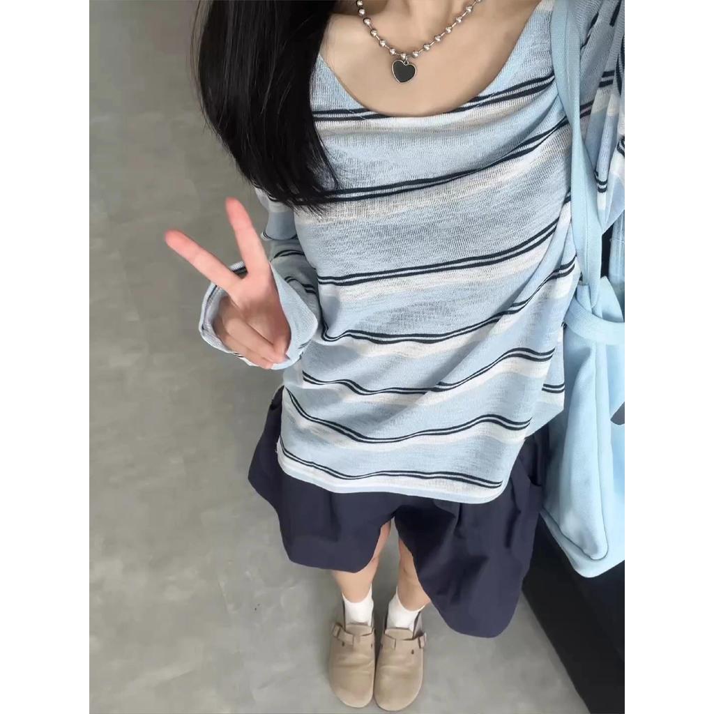 Fat mm estilo preguiçoso azul em torno do pescoço listrado manga comprida camiseta feminina verão solto mais magro olhar