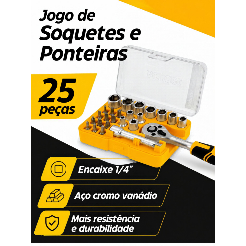 Kit 25 pçs Soquetes 1/4 Sextavados Vonder C/ Catraca Reversível Aço Cromo Vanádio Uso Profissional