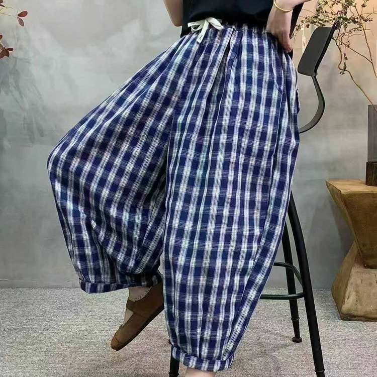 2026 verão calças casuais estilo solto calças xadrez Harem calças cintura elástica cintura alta calças femininas estilo 