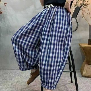 2026 verão calças casuais estilo solto calças xadrez Harem calças cintura elástica cintura alta calças femininas estilo 