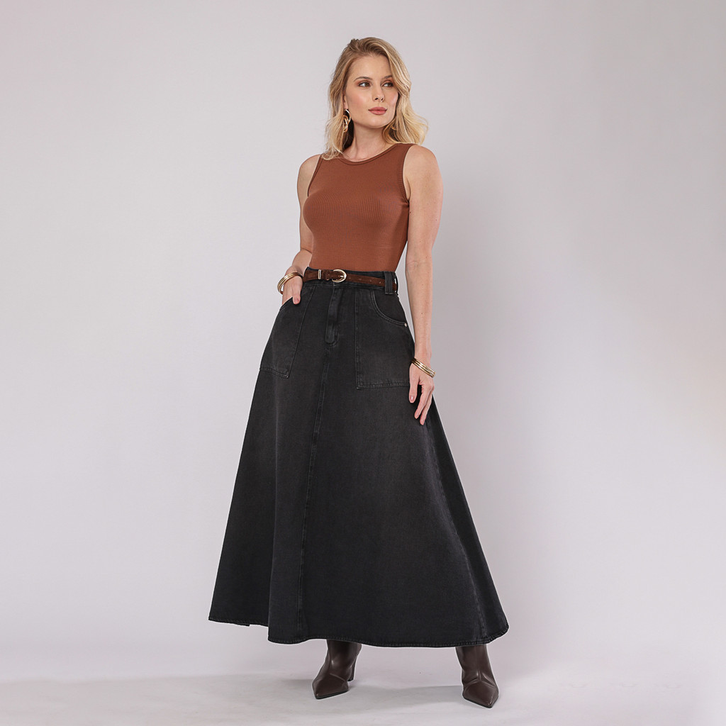 Saia Jeans Longa Maxi Confortável Moda Casual Tendência Europa