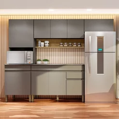 Cozinha Compacta Modulada 4 Peças com Balcão 150cm com Tampo Line Cinza/Gris/Freijó Gris/Freijó