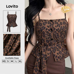 (New Arrival) Lovito Top Casual Feminino Estampa Leopardo Sem Mangas Decote Quadrado primavera/verão Fim De Semana TKK10P1D954
