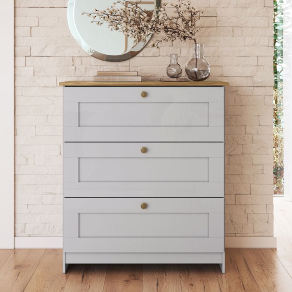 Cômoda para Quarto 3 Gavetas Americano Branco/Gelo/Ipê