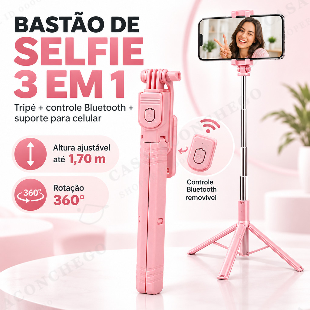 Bastão de Selfie com Tripé 1.70m Controle Remoto Bluetooth 360° Dobrável Alumínio para Celular