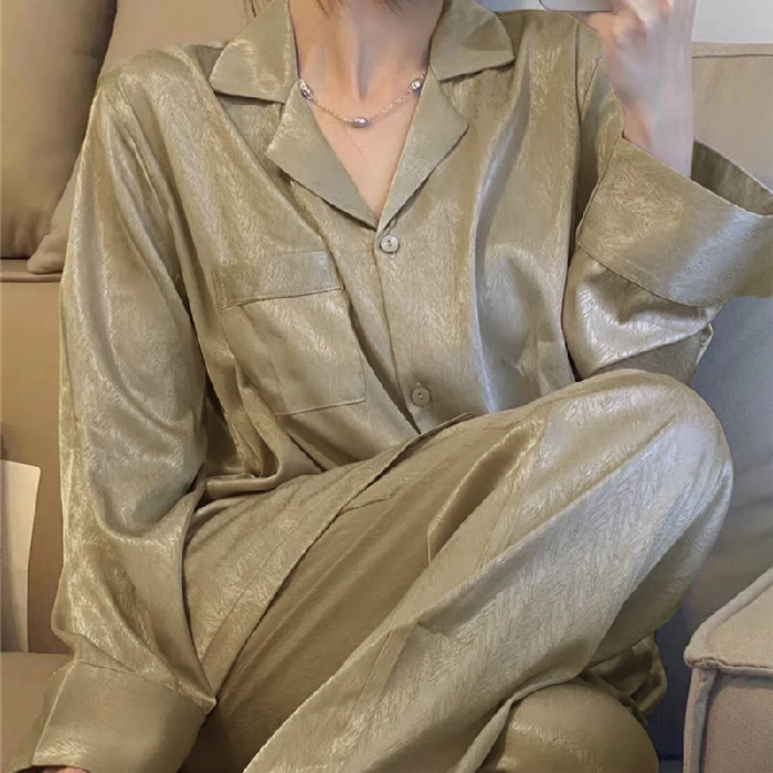Pijamas de alta qualidade femininos de seda gelo outono doce manga comprida simulação seda Loungewear feminino primavera
