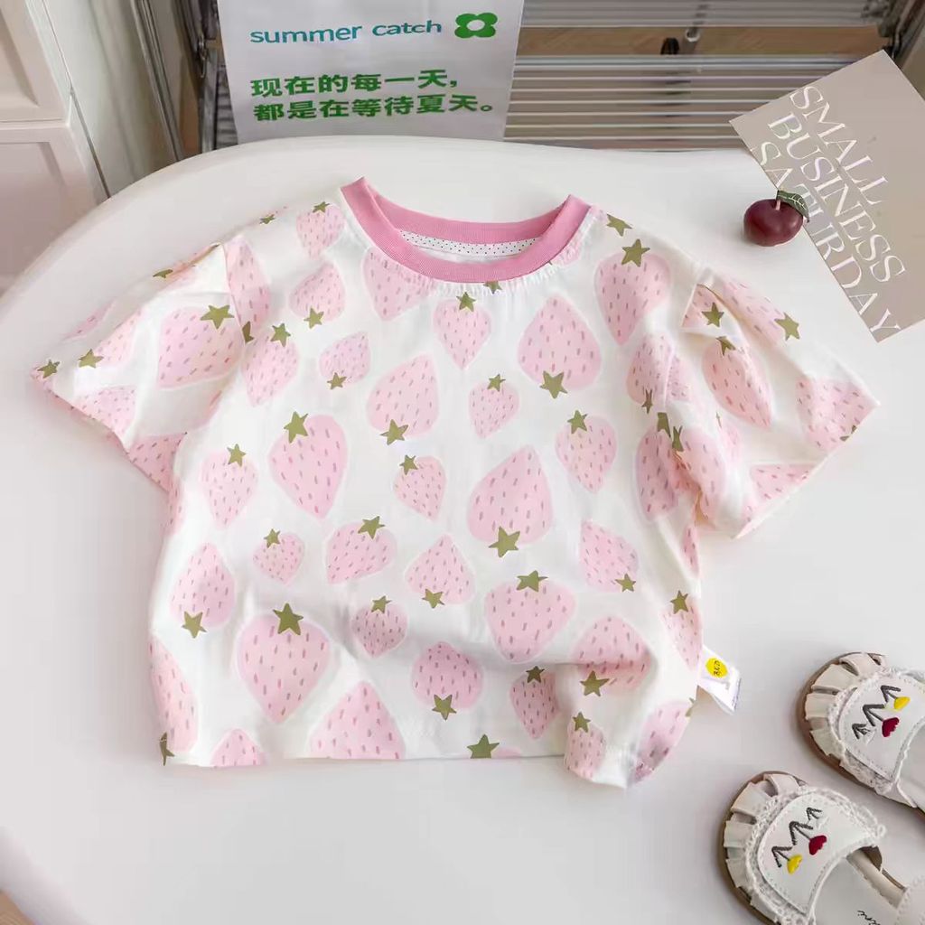 Estilo ocidental verão novo estilo meninas doce bonito amor impresso camiseta de manga curta crianças meninas bebê fino 