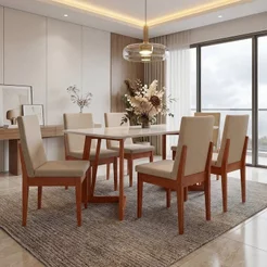 Conjunto Mesa com Vidro Pés Madeira Maciça 6 Cadeiras Madeira Dakota Tecido A40 Caramelo