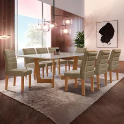 Conjunto Sala de Jantar Mesa 8 Cadeiras Tampo de Vidro Nápoles Cinamomo/Off White/Bege Escuro Cinamomo/Off White/Areia