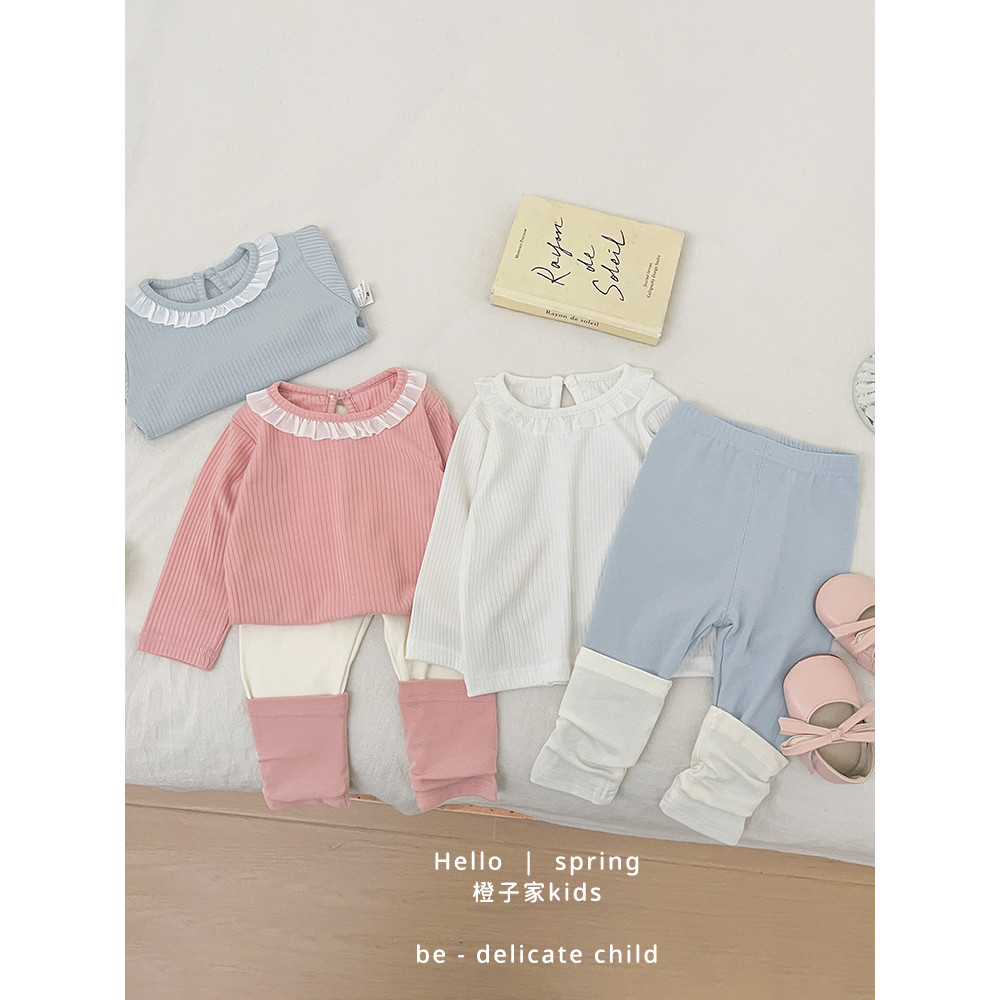 Feminino bebê primavera outono gola de renda manga comprida camiseta meninas cor sólida estilo ocidental camisa de fundo