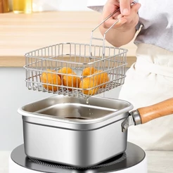 Panela Fritadeira em Aço Inox com Cesto Removível Tampa Transparente e Cabo de Madeira 5 Peças