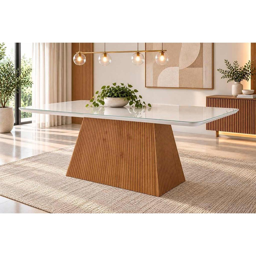 Imagem Mesa de Sala Jantar Luna c/Tampo Madeirado Vidro Curvo 180x90cm Off White/Imbuia Ripado 3D - Vidro Off White - Rufato