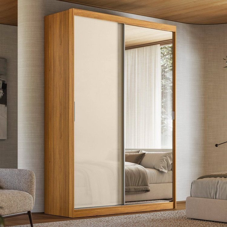 Guarda-Roupa Casal com Espelho 2 Portas de Correr e 3 Gavetas 100% MDF London Cinamon/Off-White Cinamon/Off White