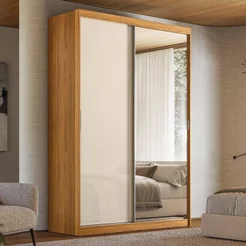 Guarda-Roupa Casal com Espelho 2 Portas de Correr e 3 Gavetas 100% MDF London Cinamon/Off-White Cinamon/Off White