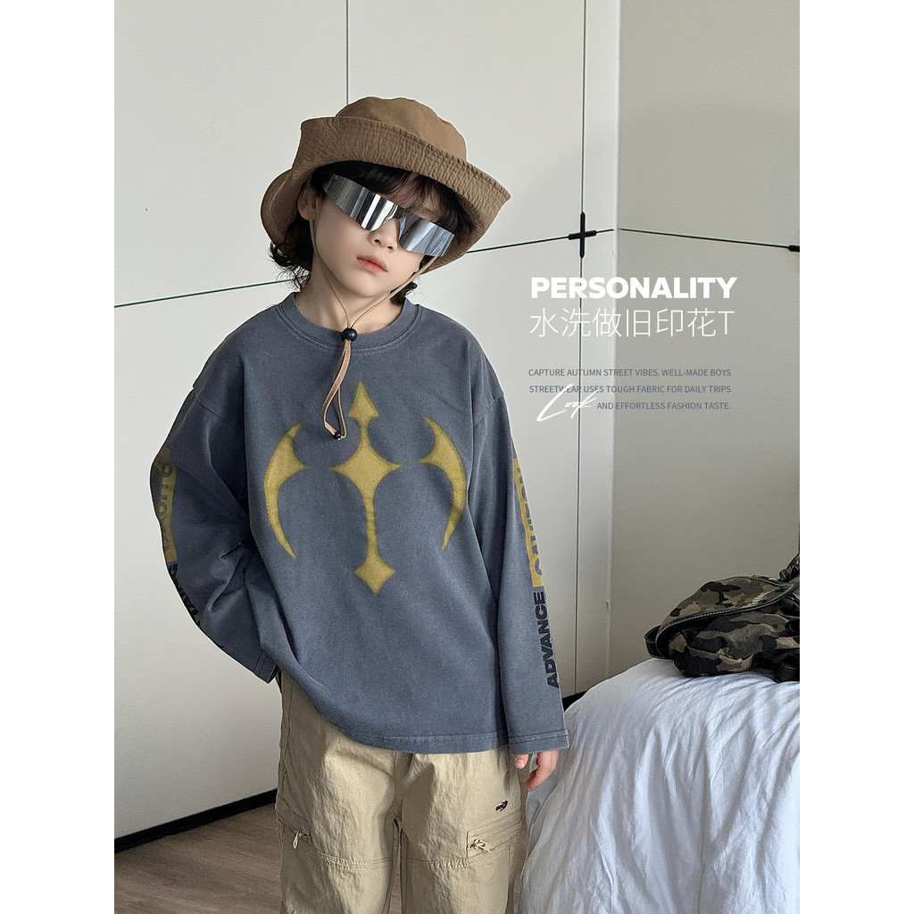 Crianças primavera outono estilo coreano Casual manga comprida camiseta meninos outono solto impresso topo meninos outon
