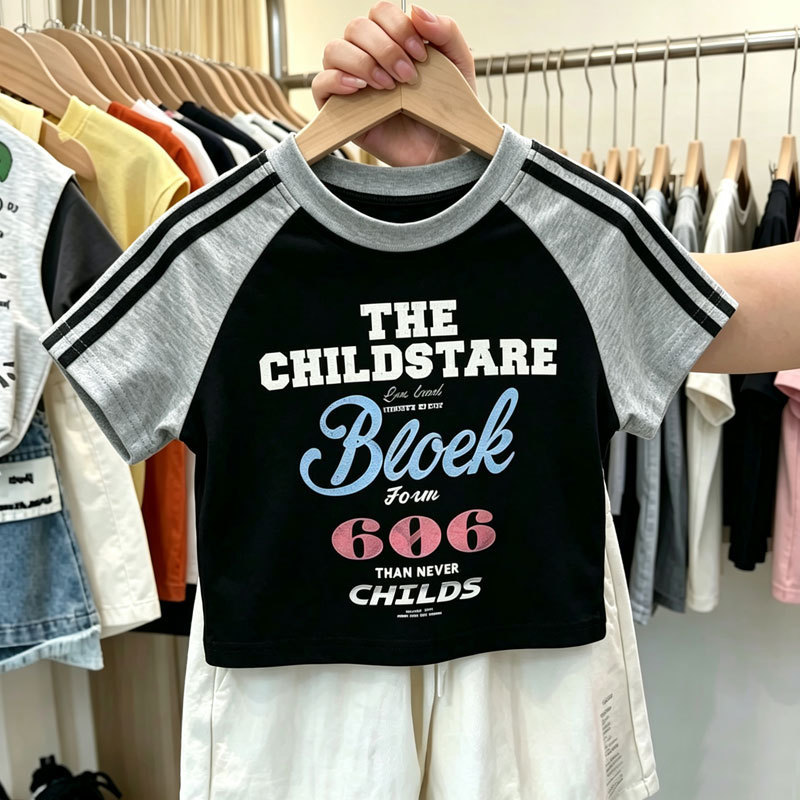 ((Algodão puro 100%) verão novo estilo meninos Raglan ombro meia manga versão coreana camiseta de manga curta crianças a