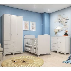 Quarto de Bebê Completo Berço Guarda Roupa 3 Portas e Cômoda 100% MDF Mimo Espresso Móveis Branc Branco Brilho