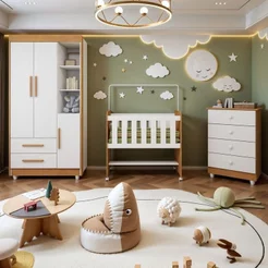 Quarto de Bebê Completo com Cômoda, Mini Berço com Colchão e Guarda Roupas Lila Amadeirado/Branco