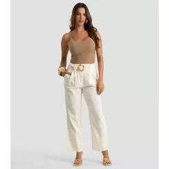 Calça Feminina Com Cinto Em Viscolinho Dianna Bege