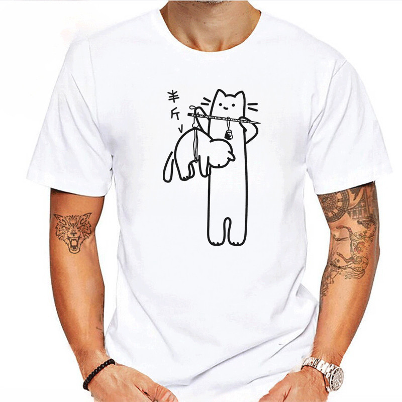 Cute Cat Bamboo Design Kaos Baju T-shirt 100% Cotton Unisex Men Women Casual Short Sleeve Fashion Cool Stylish