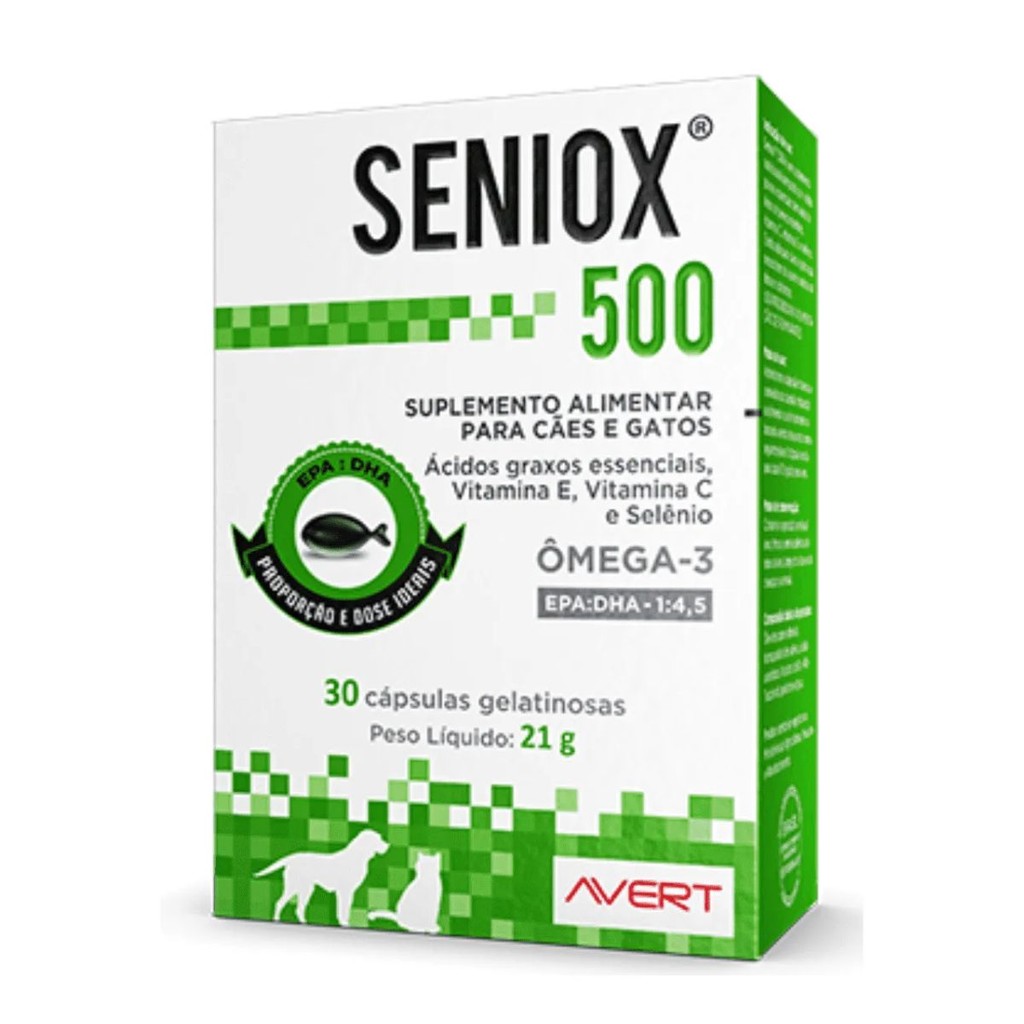 Seniox 500mg X 30 Capsulas Omega-3 Suplemento Cães Gatos.