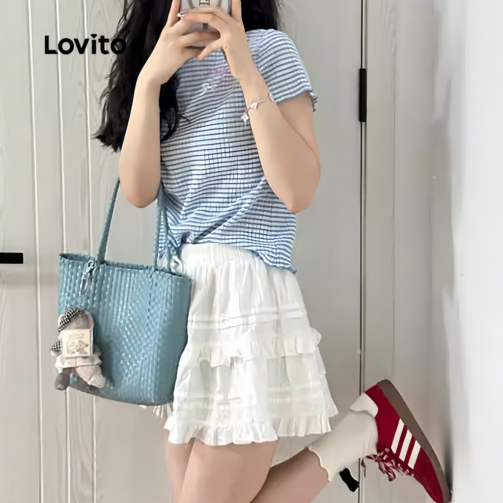 Detalhes do Lovito Linda Camiseta Feminina Com Laço Colorblock Guingão Para Mulheres L133AD118