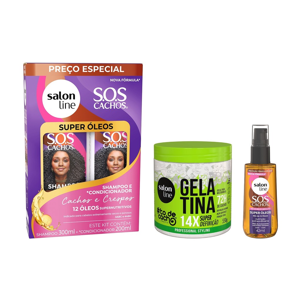 Kit SOS Cachos Shampoo + Condicionador e Óleo + Gelatina Super Definição em Oferta na Shopee