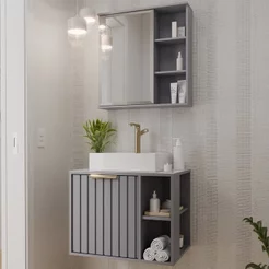 Gabinete Suspenso Banheiro Noruega 60cm com Cuba e Espelheira Treviso Cinza/Platina