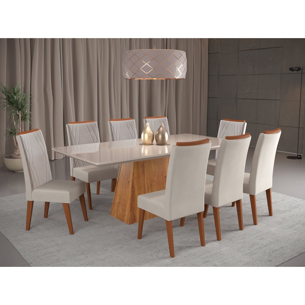 Mesa de Jantar Retangular Sylk com 8 Cadeiras Madeira Maciça Vegas  Marfim/Mel em Oferta na Shopee