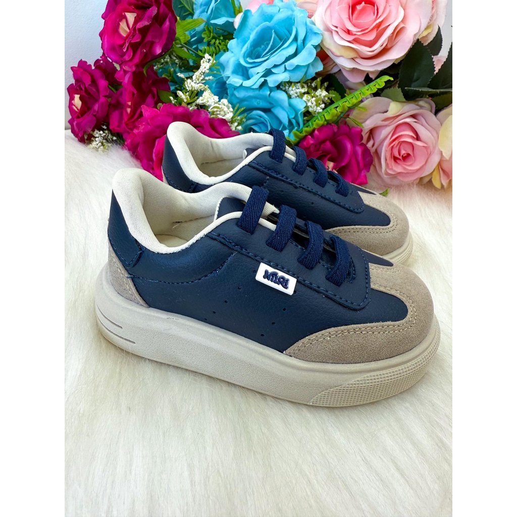 Tênis Sapatênis Masculino Infantil Menino Enzo Azul Marinho e Bege Confortável Escolar Luxo Do 22 Ao 34