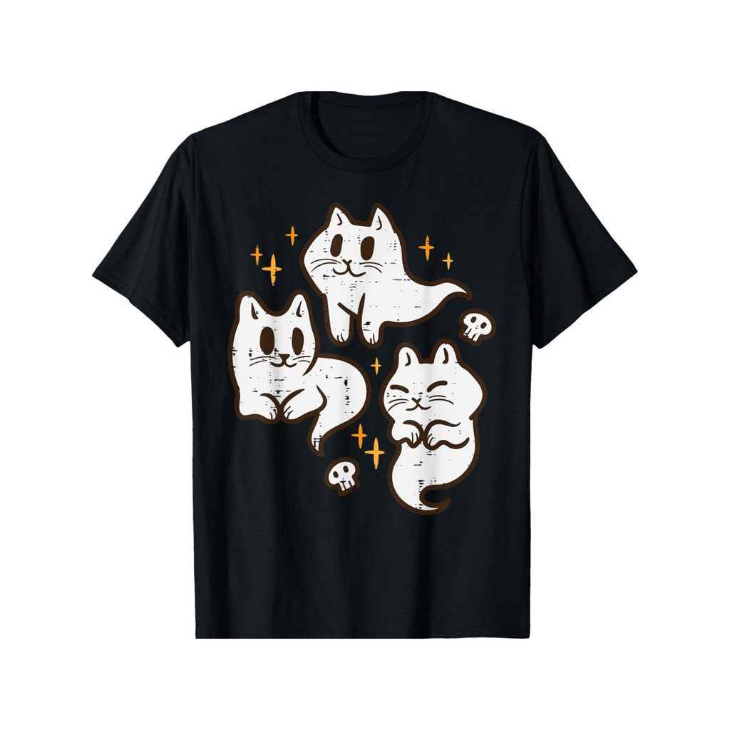 Camiseta Feminina de Halloween com Gatos e Estrelas, Manga Curta Algodão Confortável para Festas e Uso Diário