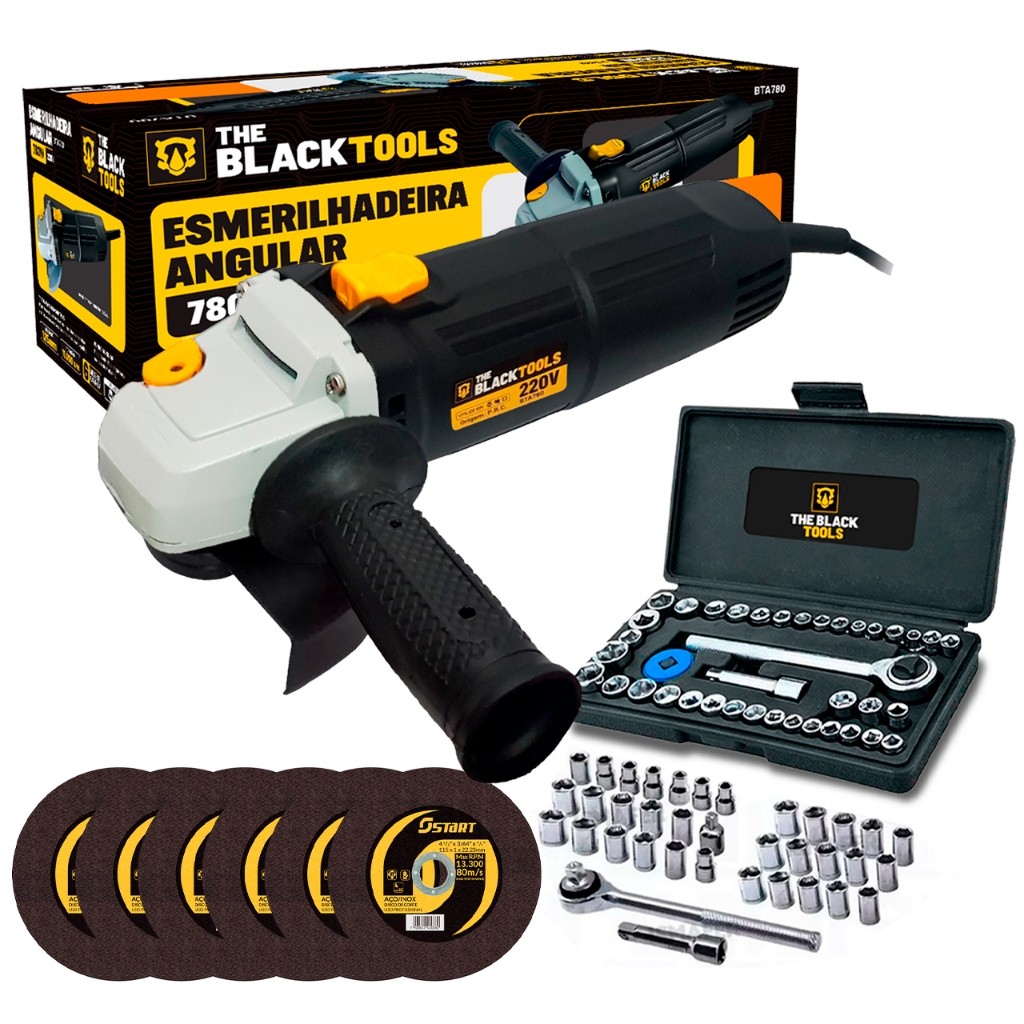 Lixadeira Esmerilhadeira Angular 4.1/2 Com 6 Discos + Jogo De Soquetes 40 Peças The Black Tools em Oferta na Shopee