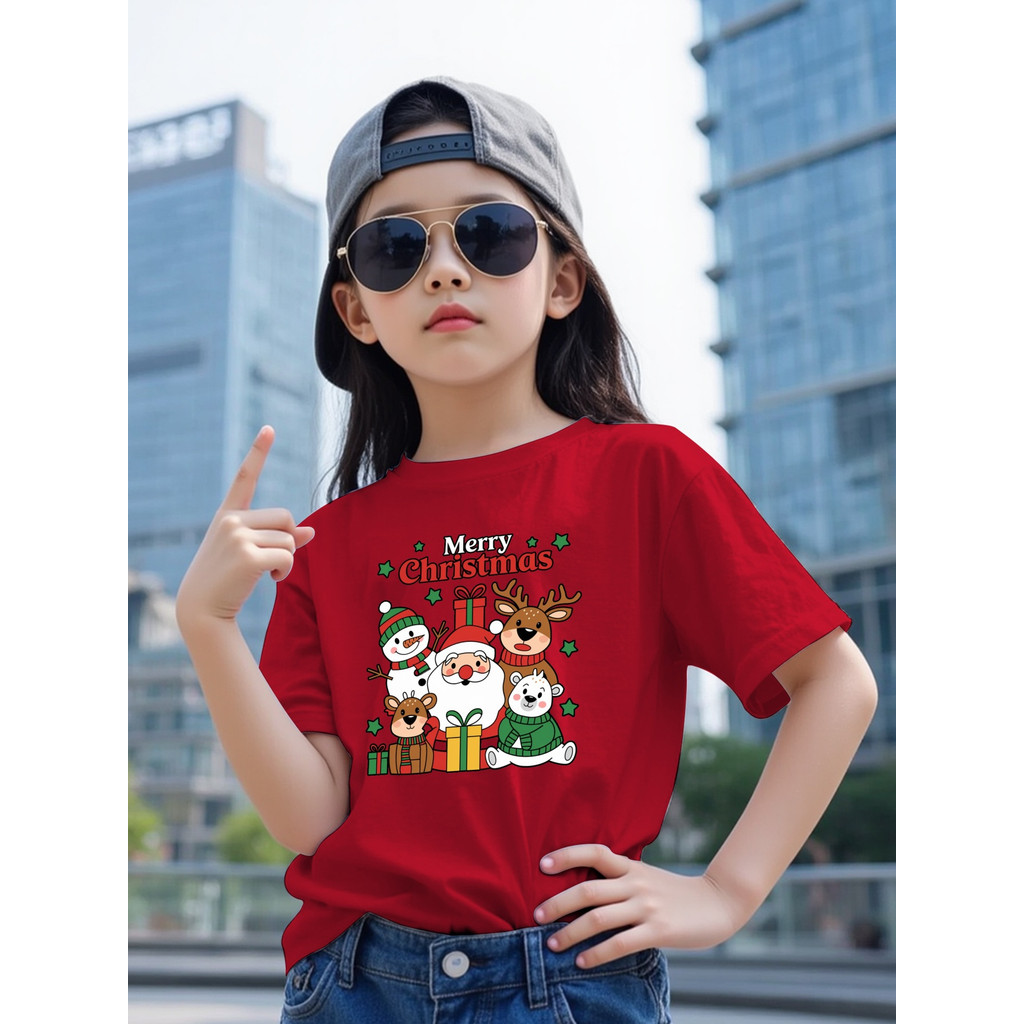 Camiseta Natal Infantil Menina - Manga Curta, Estampa Papai Noel e Renas, Casual, Envio Imediato