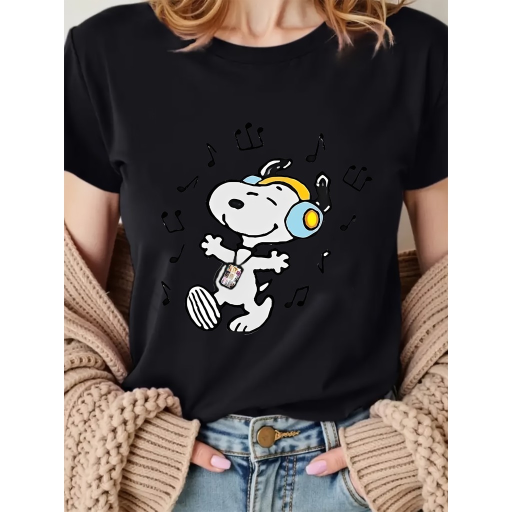 BR Moonlight Camiseta Feminina Peanuts Notas Musicais Fones Ouvido Estampada Rosa Confortável Esportiva Divertida Moda